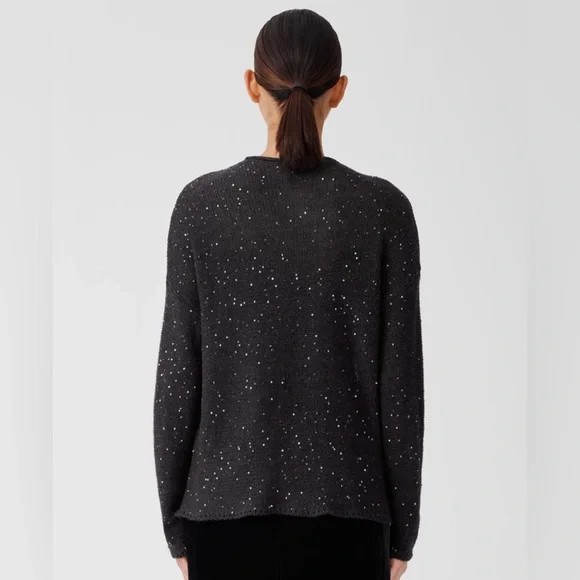 NWT Eileen Fisher Black Sequin Merino Wool Long Sleeve Crew Neck Sweater XS - Picture 2 of 9